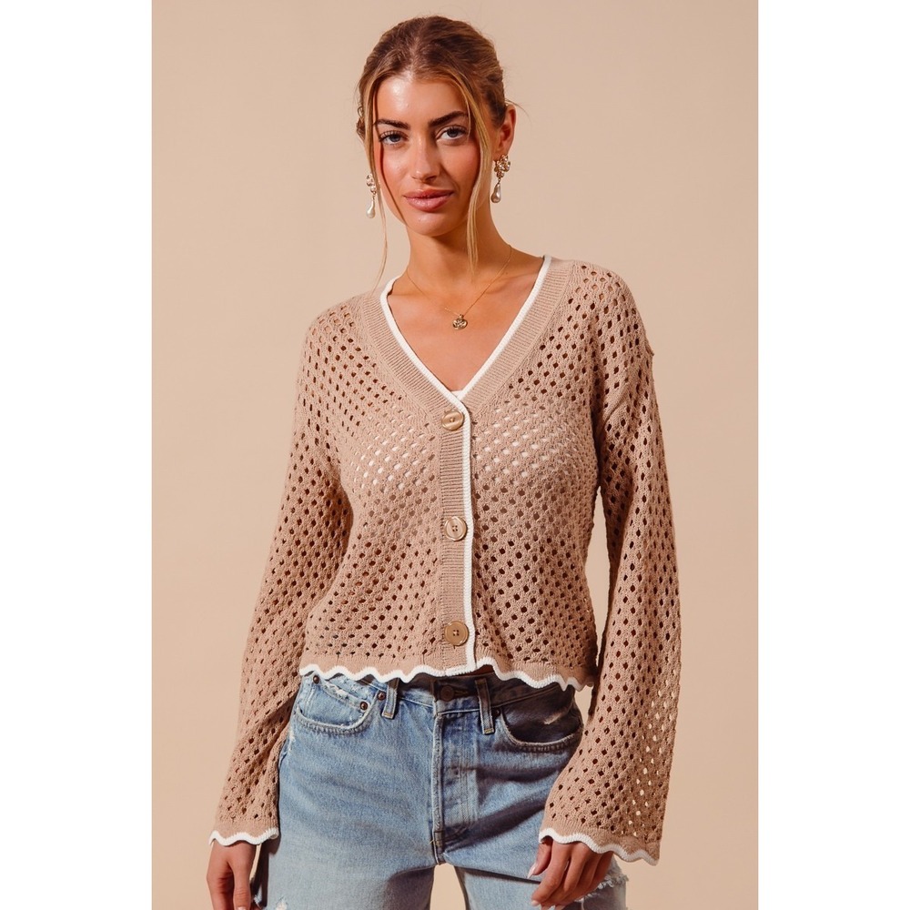 SO‎ ME Open Knit Light Weight Sweater Cardigan With Contrast Wavy Scallop Edge L - Picture 4 of 10